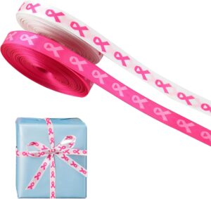 10 Yards Breast Cancer Awareness Ribbon, 2 Rolls of 3cm Pink Craft Grosgrain with Delicate Satin Feel for DIY Crafts, Hair & Party Decorations - White & Pink with Pink Ribbon Design