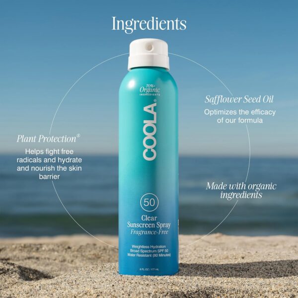 COOLA Organic Sunscreen SPF 50 Sunblock Spray, Dermatologist Tested Skin Care for Daily Protection, Vegan and Gluten Free, Fragrance Free, 6 Fl Oz - Image 4