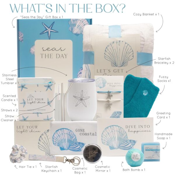 Self Care Gifts for Women. 15pc Gift Box Filled with Ocean Themed Beach Lover Gifts for Her. Thinking of You, Surgery Wellness Kit, Get Well Soon Basket, Birthday Package for Woman - Image 3