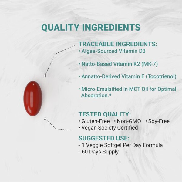 Vegan Vitamin ADK with Tocotrienol and CoQ-10 | Nano-Emulsified in MCT for Better Absoprtion | Non-GMO, Soy Free and Vegan Society Certified | 60 Veggie Softgels (Carrageenan Free) - Image 3