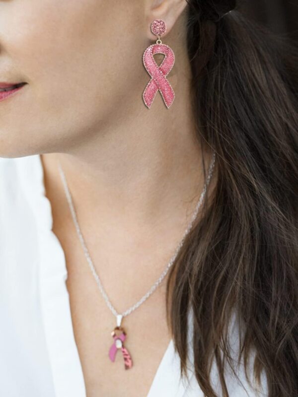 Glitter Rhinestone Pink Ribbon Drop Earrings Beaded Breast Cancer Awareness Earrings Jewelry for Women Breast Cancer Survivor Support Jewelry Gifts - Image 3
