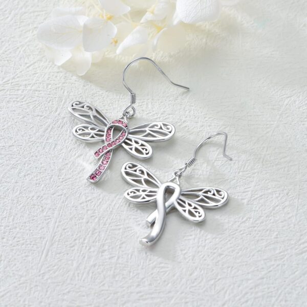 AOBOCO 925 Sterling Silver Butterfly/Dragonfly Breast Cancer Awareness Pink Ribbon Dangle Drop Earrings Breast Cancer Survivor Gifts for Women - Image 3