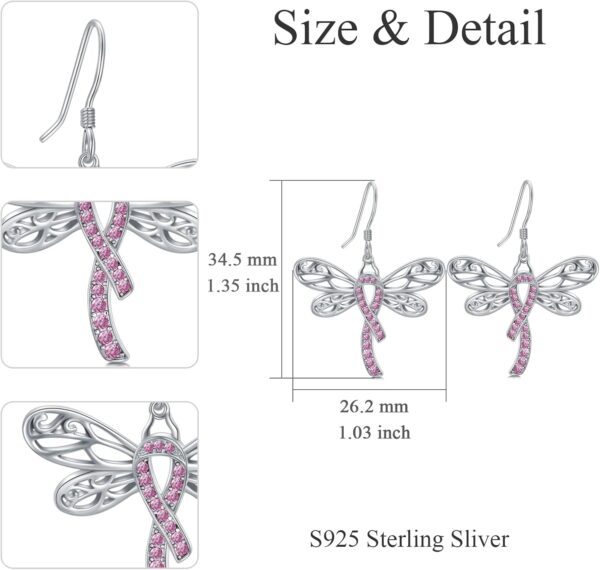 AOBOCO 925 Sterling Silver Butterfly/Dragonfly Breast Cancer Awareness Pink Ribbon Dangle Drop Earrings Breast Cancer Survivor Gifts for Women - Image 4
