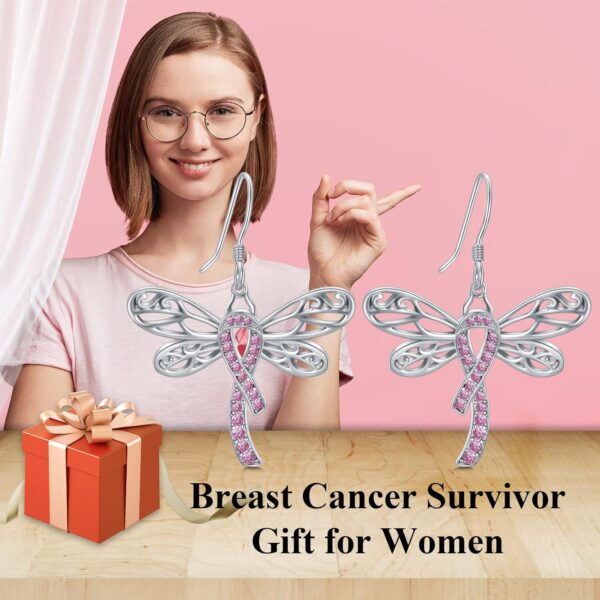 AOBOCO 925 Sterling Silver Butterfly/Dragonfly Breast Cancer Awareness Pink Ribbon Dangle Drop Earrings Breast Cancer Survivor Gifts for Women - Image 6