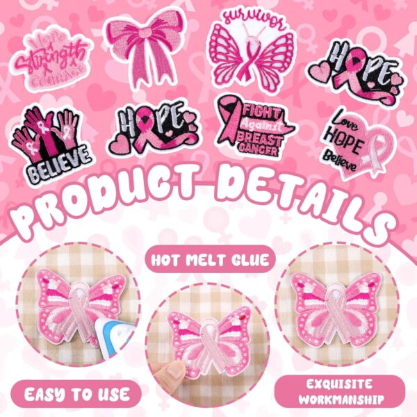 48 Pcs Breast Cancer Awareness Iron on Patches Pink Ribbon Sew Iron on Applique Embroidered Patches Decorative Repair Patch DIY Crafts Accessories Gift for Clothing Hat - Image 3