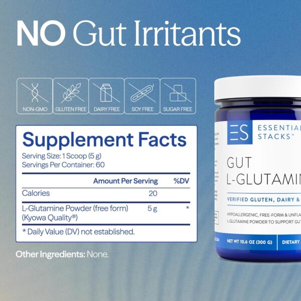 Essential Stacks Gut L-Glutamine Powder - Exclusively Made in USA - Pure L Glutamine Powder for Gut Health (60 Servings, Unflavored) - Image 6