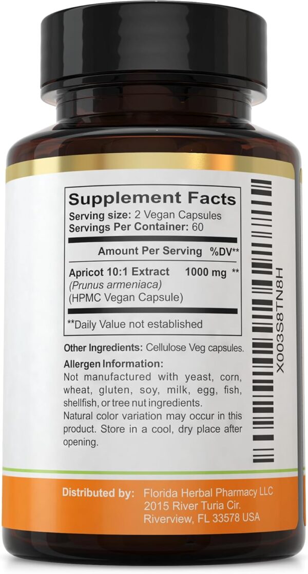 Florida Herbal Pharmacy, Apricot Supplement Capsules 10:1 (120 Capsules) 500 mg per Capsule, 1000 mg Serving (Pack of 1) - Image 3