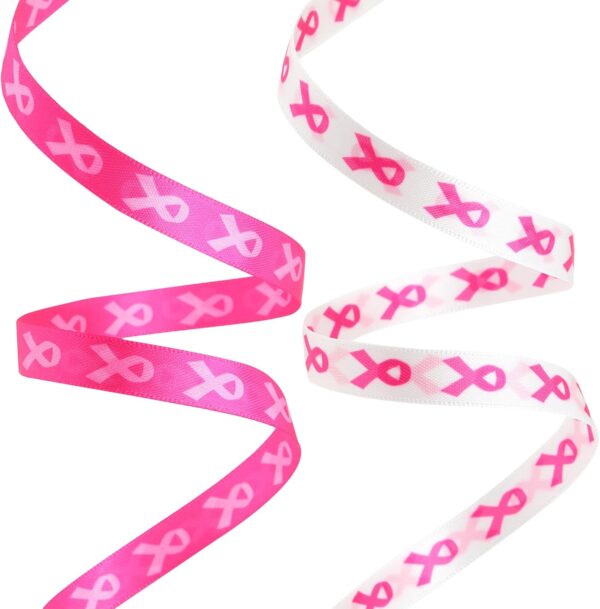 10 Yards Breast Cancer Awareness Ribbon, 2 Rolls of 3cm Pink Craft Grosgrain with Delicate Satin Feel for DIY Crafts, Hair & Party Decorations - White & Pink with Pink Ribbon Design - Image 3