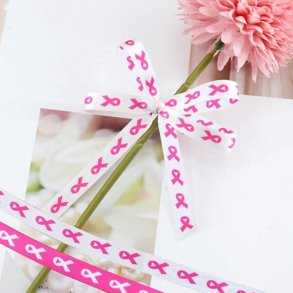 10 Yards Breast Cancer Awareness Ribbon, 2 Rolls of 3cm Pink Craft Grosgrain with Delicate Satin Feel for DIY Crafts, Hair & Party Decorations - White & Pink with Pink Ribbon Design - Image 5