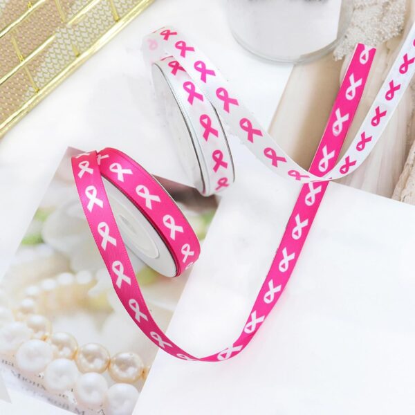 10 Yards Breast Cancer Awareness Ribbon, 2 Rolls of 3cm Pink Craft Grosgrain with Delicate Satin Feel for DIY Crafts, Hair & Party Decorations - White & Pink with Pink Ribbon Design - Image 6