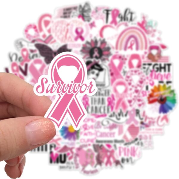 50PCS Breast Cancer Awareness Stickers,Pink Ribbon Stickers,Caring for Women's Health Waterproof Vinyl Stickers Decals for Laptop Bike Gifts for The People Care About Women - Image 3
