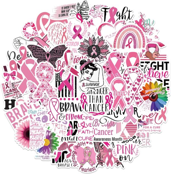 50PCS Breast Cancer Awareness Stickers,Pink Ribbon Stickers,Caring for Women's Health Waterproof Vinyl Stickers Decals for Laptop Bike Gifts for The People Care About Women - Image 4