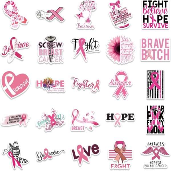 50PCS Breast Cancer Awareness Stickers,Pink Ribbon Stickers,Caring for Women's Health Waterproof Vinyl Stickers Decals for Laptop Bike Gifts for The People Care About Women - Image 7