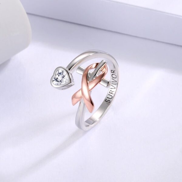925 Sterling Silver Ribbon Cross Ring: Breast Cancer Survivor Adjustable Ring for Women Ribbon Inspirational Hope Ring Faith Cross Jewelry Gift - Image 3