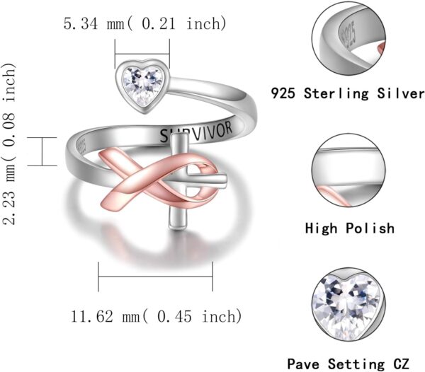 925 Sterling Silver Ribbon Cross Ring: Breast Cancer Survivor Adjustable Ring for Women Ribbon Inspirational Hope Ring Faith Cross Jewelry Gift - Image 5
