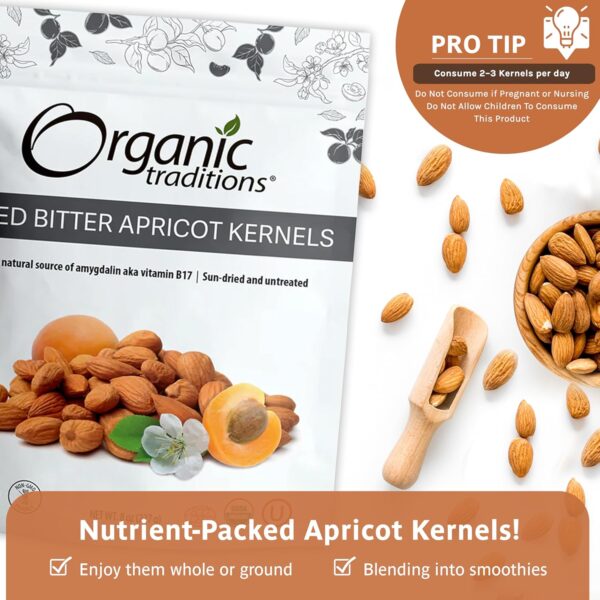 Organic Traditions Apricot Kernels – Sundried - Natural Source of Vitamin B17 – Sweet & Bitter Apricot Seeds - 8oz - Image 4