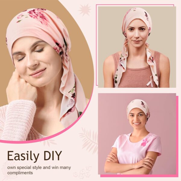 4 Pieces Chemo Headwear for Women Pre Tied Caps Soft Cotton Elastic Head Scarf for Patients - Image 3