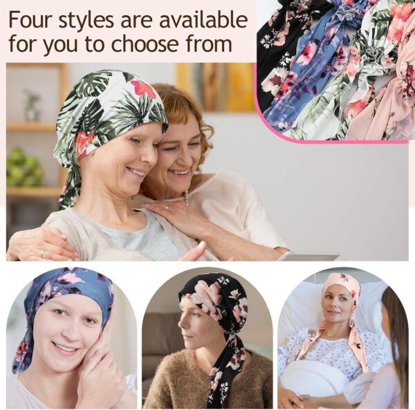4 Pieces Chemo Headwear for Women Pre Tied Caps Soft Cotton Elastic Head Scarf for Patients - Image 4