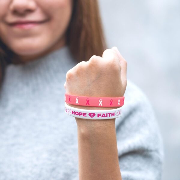 Lesnala 48 PCS Breast Cancer Awareness Bracelet Pink Ribbon Silicone Wristbands Hope Faith Strength Courage Inspiring Rubber Accessories for Women Party Supplies Favors - Image 3