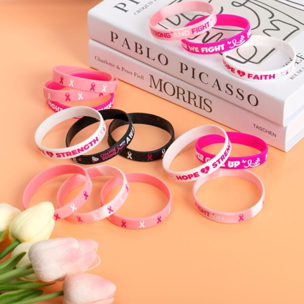 Lesnala 48 PCS Breast Cancer Awareness Bracelet Pink Ribbon Silicone Wristbands Hope Faith Strength Courage Inspiring Rubber Accessories for Women Party Supplies Favors - Image 5