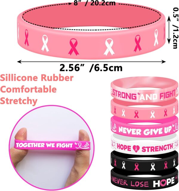 Lesnala 48 PCS Breast Cancer Awareness Bracelet Pink Ribbon Silicone Wristbands Hope Faith Strength Courage Inspiring Rubber Accessories for Women Party Supplies Favors - Image 6