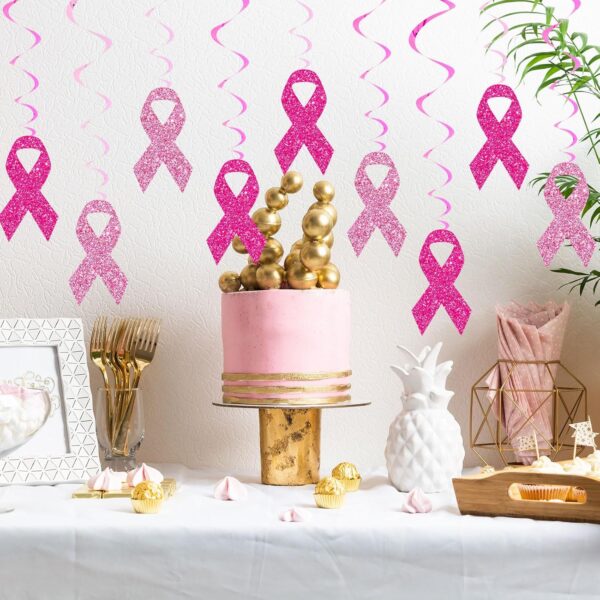 Whaline Breast Cancer Awareness Hanging Swirls Glitter Pink Ribbon Ceiling Spiral Streamers Hanging Ornaments for Home Party Wall Decoration Supplies, 18 Pcs - Image 5