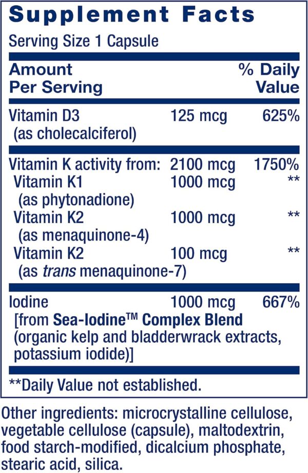 Life Extension Vitamins D and K with Sea-Iodine, vitamin D3, vitamin K1 and K2, iodine, supports immune, bone, arterial and thyroid health, non-GMO, gluten-free, 60 capsules - Image 3