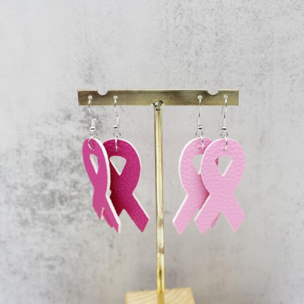 4 Pairs Pink Ribbon Breast Cancer Awareness Drop Dangle Earrings Bulk PU Leather Bow Teardrop Survivor Support for Women Christmas Lightweight Statement Holiday Jewelry - Image 3