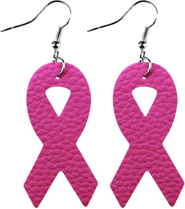 4 Pairs Pink Ribbon Breast Cancer Awareness Drop Dangle Earrings Bulk PU Leather Bow Teardrop Survivor Support for Women Christmas Lightweight Statement Holiday Jewelry - Image 4