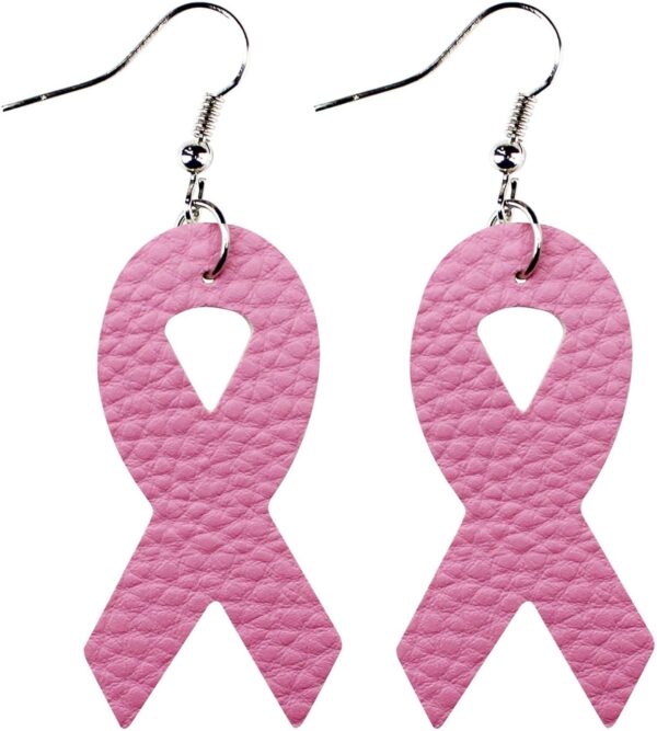 4 Pairs Pink Ribbon Breast Cancer Awareness Drop Dangle Earrings Bulk PU Leather Bow Teardrop Survivor Support for Women Christmas Lightweight Statement Holiday Jewelry - Image 5