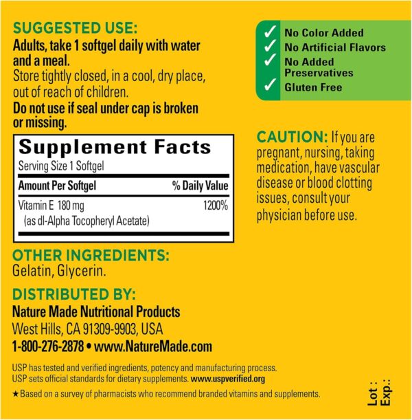 Nature Made Vitamin E 180 mg (400 IU) dl-Alpha, Dietary Supplement for Antioxidant Support, 100 Softgels, 100 Day Supply - Image 5