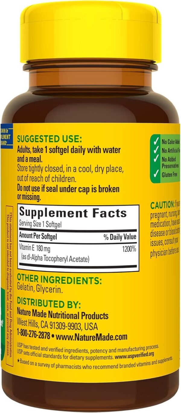 Nature Made Vitamin E 180 mg (400 IU) dl-Alpha, Dietary Supplement for Antioxidant Support, 100 Softgels, 100 Day Supply - Image 8