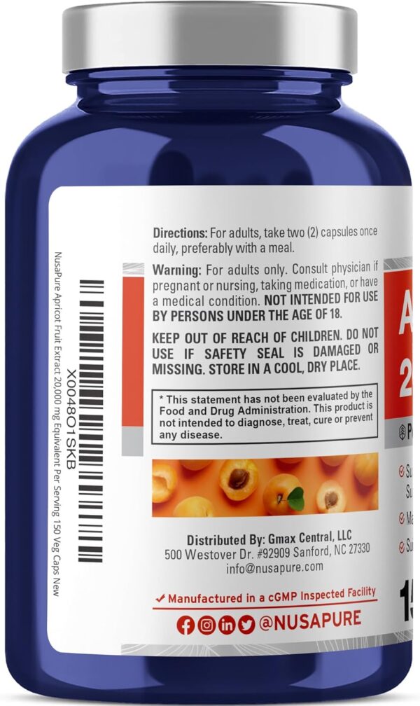 NusaPure Apricot 20:1 Extract, 1000 mg Equivalent to 20,000mg 150 Veggie Capsules (Vegan, Non-GMO) - Image 3