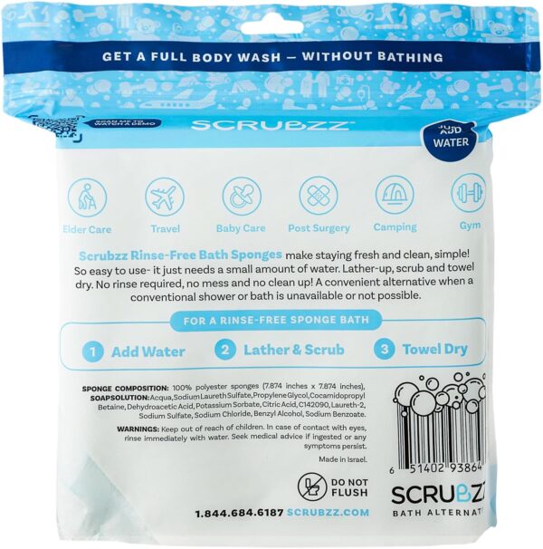 Scrubzz Disposable Rinse Free Bathing Wipes - 25 Pack - All-in-1 Single Use Shower Wipes, Simply Dampen, Lather, and Dry Without Shampoo or Rinsing - Image 7