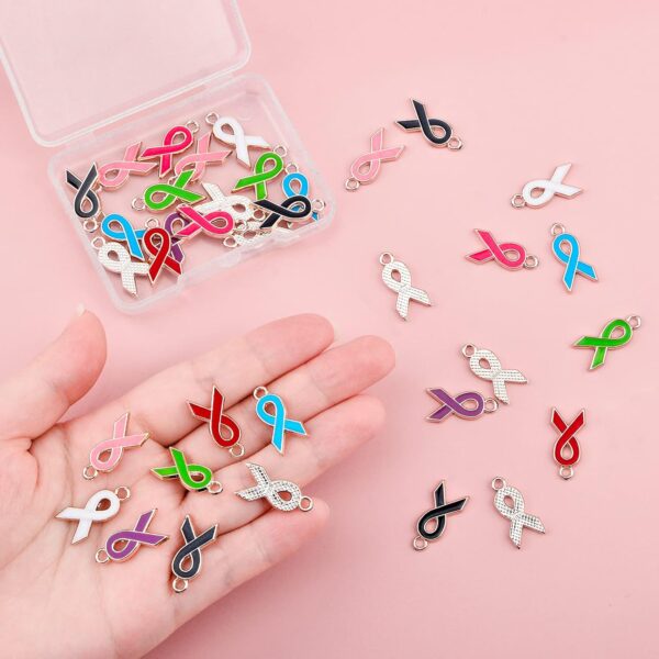 80Pcs Mixed Colors Ribbon Pendants, 8 Styles Enamel Awareness Ribbon Charm Accessories for DIY crafts Necklace Bracelet Jewelry Making - Image 3