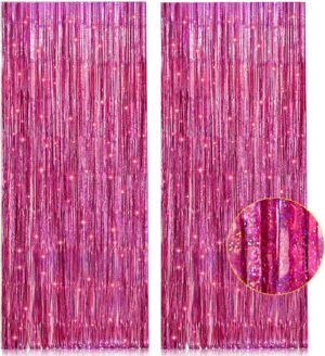 2 Pack 3.2ft x 8.2ft Pink Metallic Tinsel Foil Fringe Curtains Backdrop for Pink Party Birthday Wedding Bachelorette Baby Shower Holiday Party Decorations Photo Booth Props