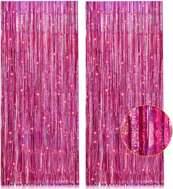 2 Pack 3.2ft x 8.2ft Pink Metallic Tinsel Foil Fringe Curtains Backdrop for Pink Party Birthday Wedding Bachelorette Baby Shower Holiday Party Decorations Photo Booth Props