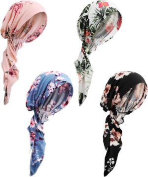 4 Pieces Chemo Headwear for Women Pre Tied Caps Soft Cotton Elastic Head Scarf for Patients