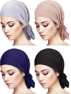 4 Pieces Slip-On Pre-Tied Head Scarves Women Headwear Turban Beanie Caps Head Wrap Headscarf for Women