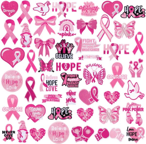 48 Pcs Breast Cancer Awareness Iron on Patches Pink Ribbon Sew Iron on Applique Embroidered Patches Decorative Repair Patch DIY Crafts Accessories Gift for Clothing Hat