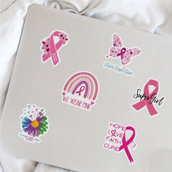 50PCS Breast Cancer Awareness Stickers,Pink Ribbon Stickers,Caring for Women's Health Waterproof Vinyl Stickers Decals for Laptop Bike Gifts for The People Care About Women - Image 2