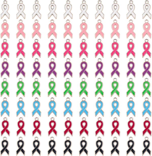 80Pcs Mixed Colors Ribbon Pendants, 8 Styles Enamel Awareness Ribbon Charm Accessories for DIY crafts Necklace Bracelet Jewelry Making