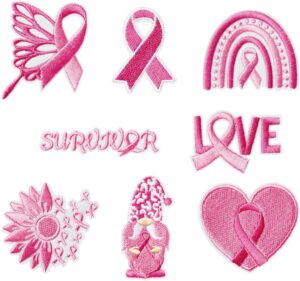 8Pcs Pink Ribbon Breast Cancer Awareness Iron on Embroidered Patches Heart Butterfly Sunflower Rainbow Sew on Repair Applique DIY Crafts Accessories Gift for Women Girls Survivor Clothing Backpack Hat