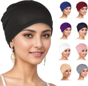 9 Pieces Solid Women Chemo Hat Stretchy Turban Beanie,Pre Tied Chemo Head Scarf Beanie Skull Cover Cap for Women Hair Loss