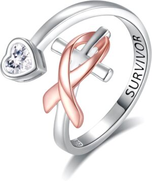 925 Sterling Silver Ribbon Cross Ring: Breast Cancer Survivor Adjustable Ring for Women Ribbon Inspirational Hope Ring Faith Cross Jewelry Gift