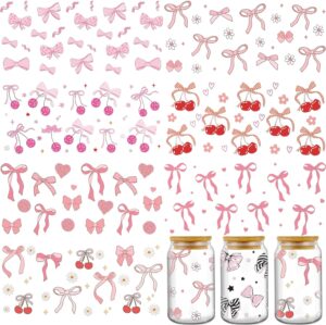 AFRITEE UV DTF Cup Wrap - 8 Sheets Cute Cherry UV DTF Cup Wraps for 16 oz Glass Water Bottle, Pink Bow Uvdtf Transfer Stickers for Girls DIY Craft Decorations, Creative Gifts for Girlfriend