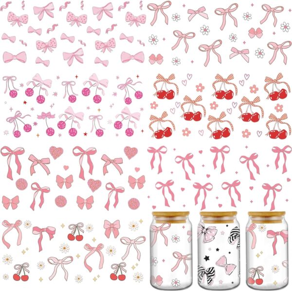 AFRITEE UV DTF Cup Wrap - 8 Sheets Cute Cherry UV DTF Cup Wraps for 16 oz Glass Water Bottle, Pink Bow Uvdtf Transfer Stickers for Girls DIY Craft Decorations, Creative Gifts for Girlfriend