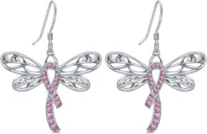 AOBOCO 925 Sterling Silver Butterfly/Dragonfly Breast Cancer Awareness Pink Ribbon Dangle Drop Earrings Breast Cancer Survivor Gifts for Women