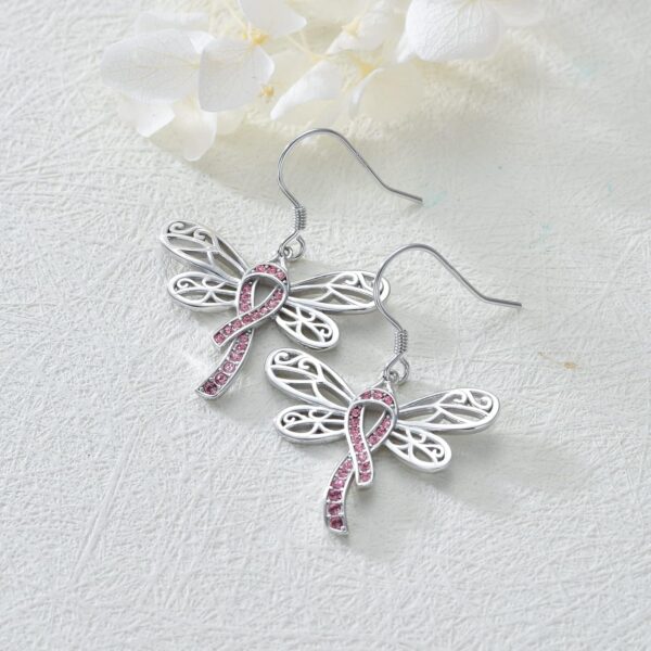 AOBOCO 925 Sterling Silver Butterfly/Dragonfly Breast Cancer Awareness Pink Ribbon Dangle Drop Earrings Breast Cancer Survivor Gifts for Women - Image 2