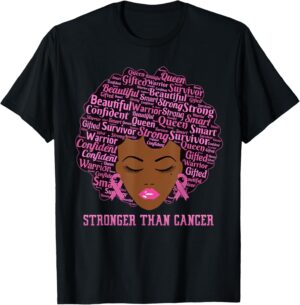 Black Women Queen Stronger Than Breast Cancer Pink Ribbon T-Shirt